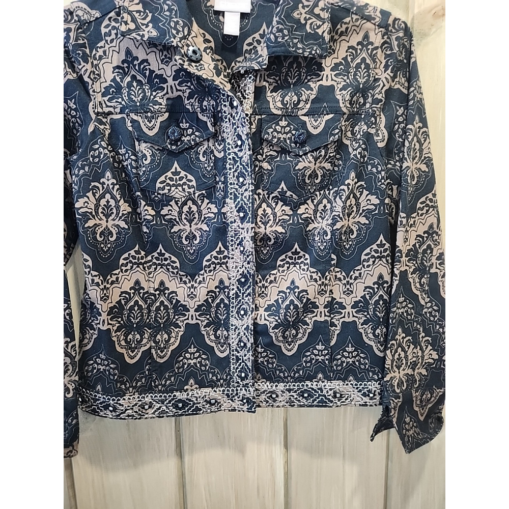 Chicos Black&Tan Jacket Sz 0 Brocade Shacket Jean Style Casual, NWOT - Picture 13 of 13